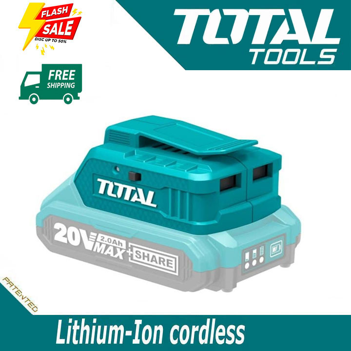 Sạc kết hợp dành cho PIN total 20V sạc USB điện thoại, đèn TOTAL TUCLI2001