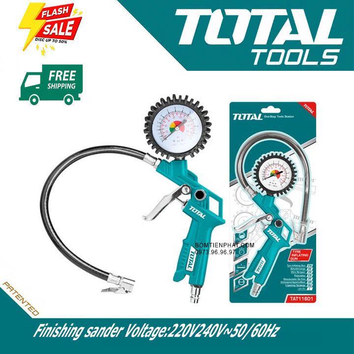 Súng bơm lốp xe ô tô dùng máy hơi nén khí có đồng hồ đo áp suất sản phẩm chính hãng TOTAL TAT11601